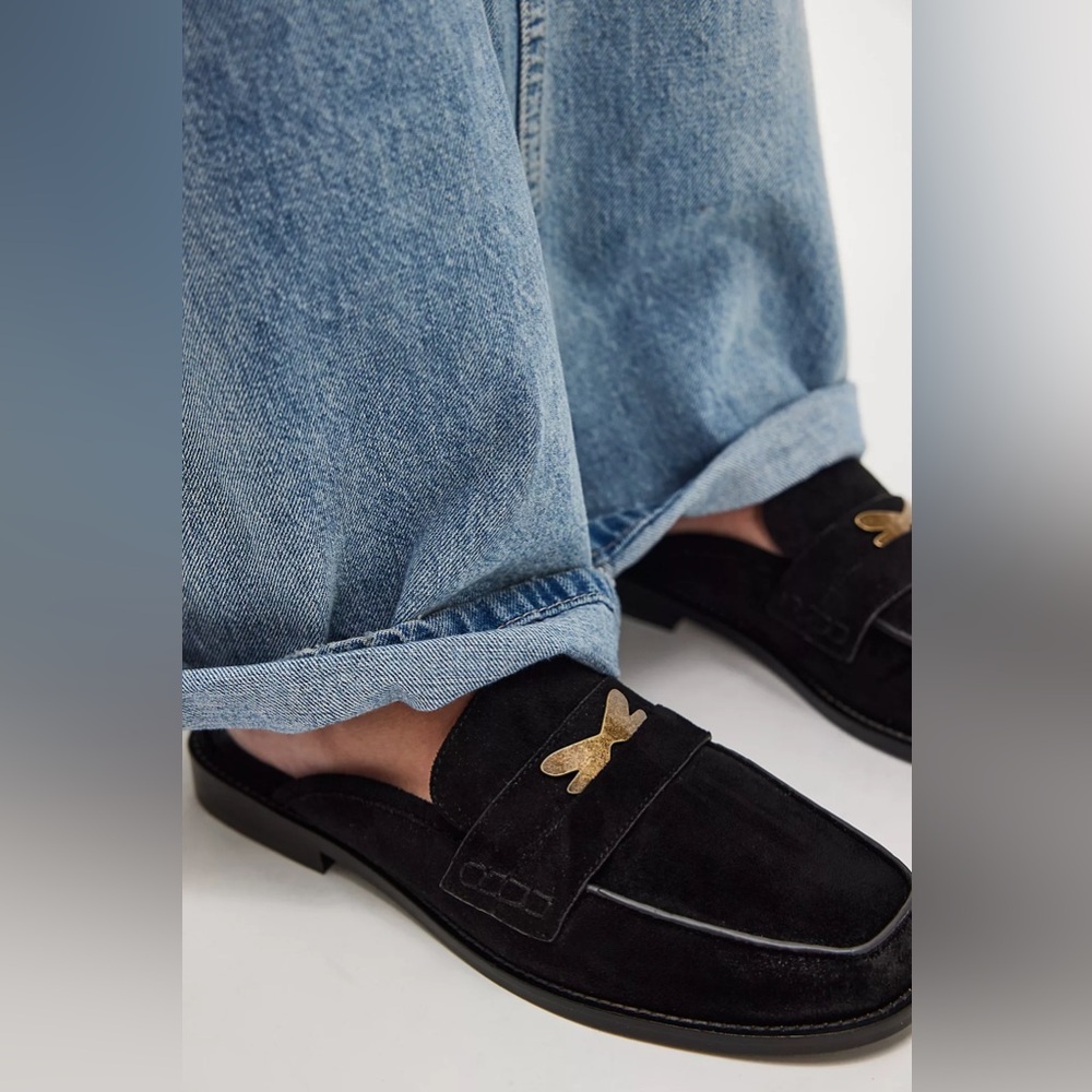 Free People Black Suede Backless Loafers with Gold Accent